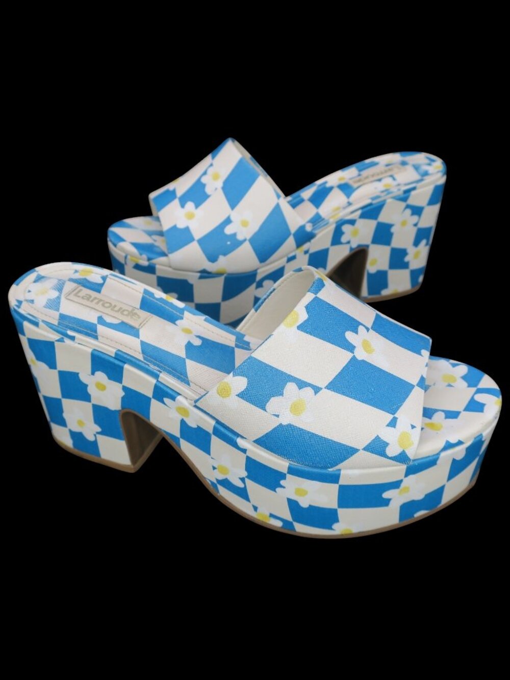 Larroude Checkered Daisy Miso Chunky Platform Sandals Blue White Women's 7.5